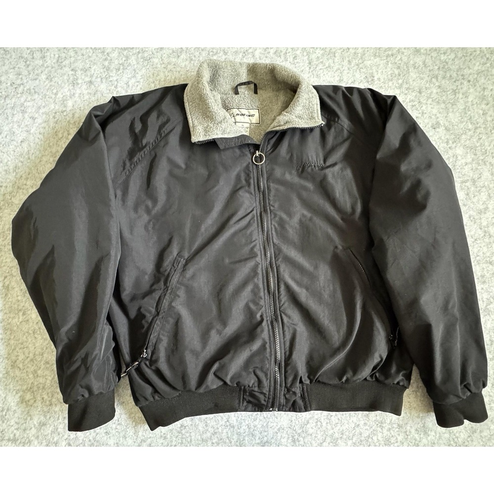 Boeing Jacket Mens XL Black Fleece Lined Bomber Full Zip Insulated Warm